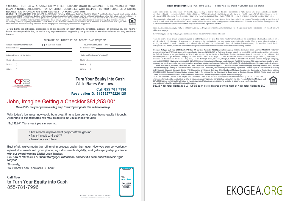 Relevé de prêt hypothécaire de la banque CFSB des États , Unis aux formats Word et PDF, 4 pages 3, 4